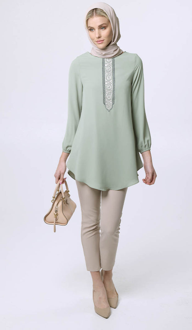 Suroor Embroidered Long Modest Tunic - Sage - Final Sale