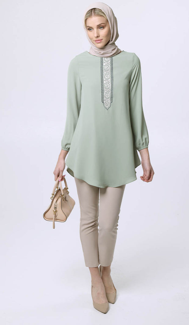 Suroor Embroidered Long Modest Tunic - Sage
