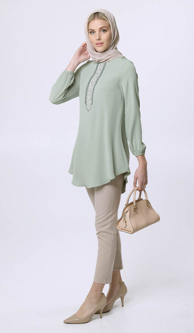 Suroor Embroidered Long Modest Tunic - Sage