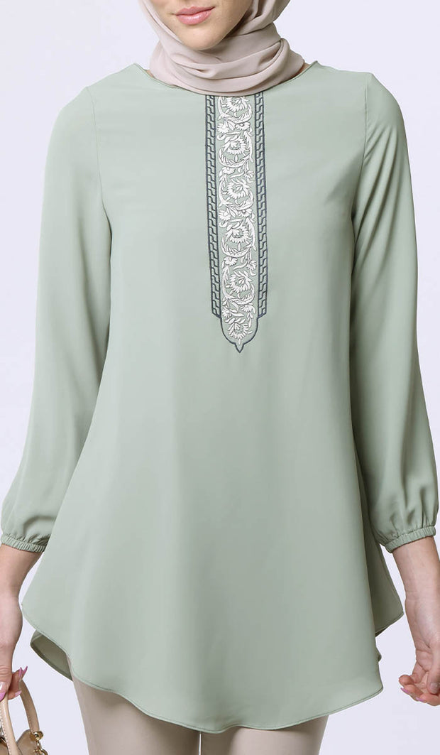 Suroor Embroidered Long Modest Tunic - Sage - Final Sale