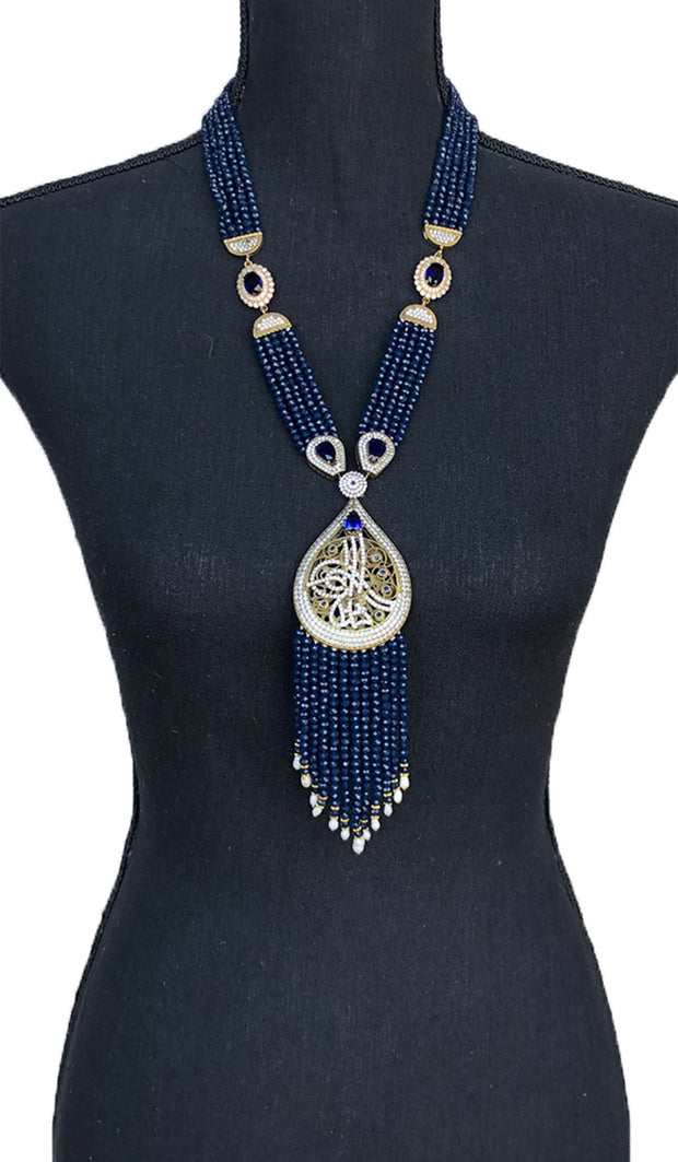 Long Turkish Tughra Tassel Necklace - Blue