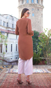Tazeen Embroidered Modest Midi Tunic Dress - Brick - FINAL SALE