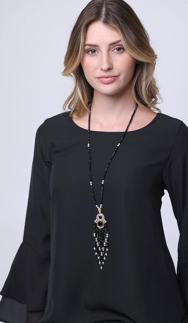 Turkish Artisan Jeweled Khamsa Tassel Necklace - Black