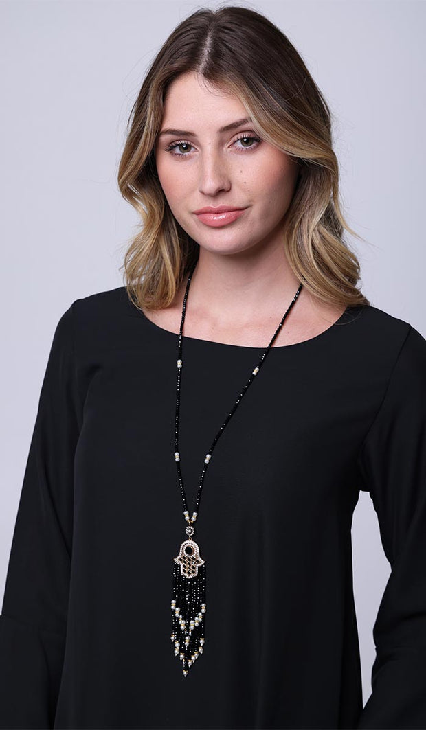 Turkish Artisan Small Jeweled Khamsa Tassel Necklace - Black
