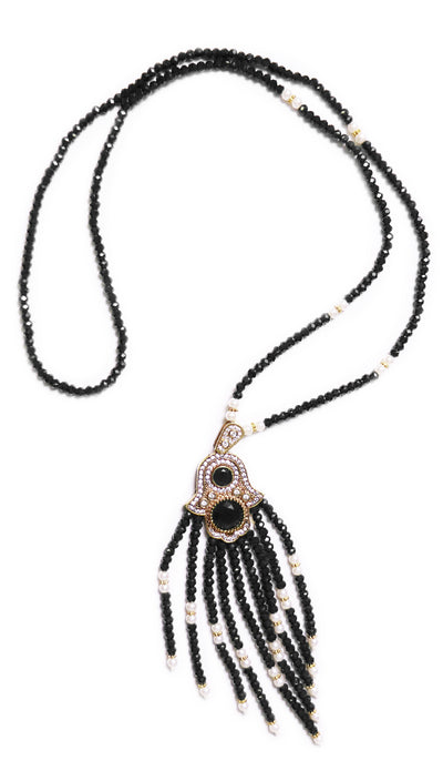 Turkish Artisan Jeweled Khamsa Tassel Necklace - Black