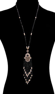 Turkish Artisan Small Jeweled Khamsa Tassel Necklace - Black