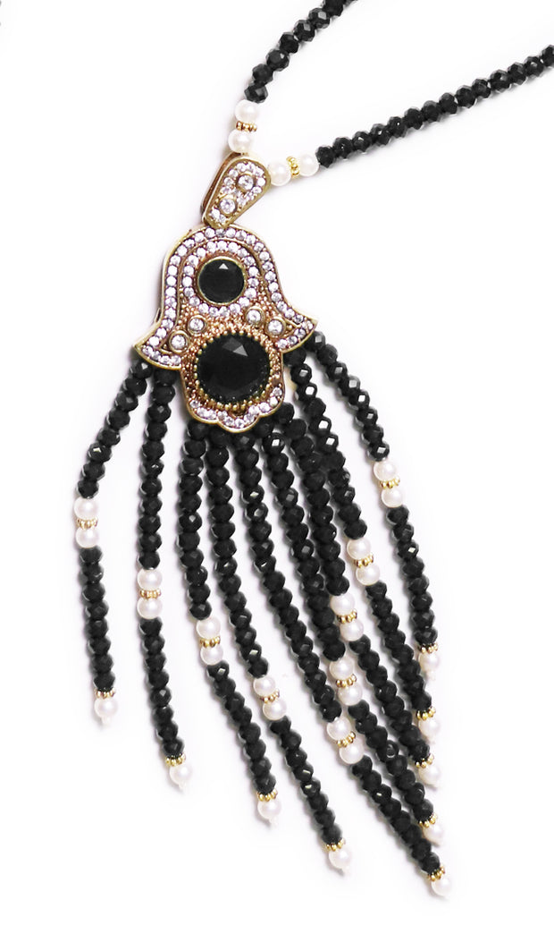 Turkish Artisan Jeweled Khamsa Tassel Necklace - Black