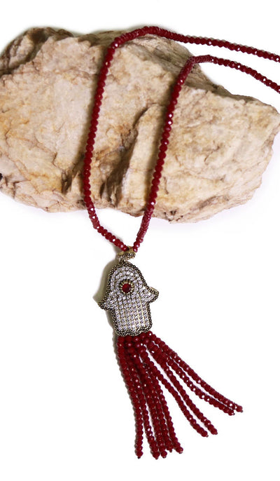 Turkish Artisan Khamsa Tassel Necklace - Ruby
