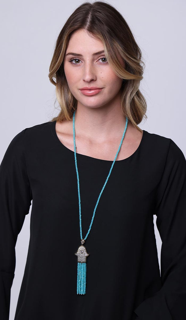 Turkish Artisan Khamsa Tassel Necklace - Turquoise
