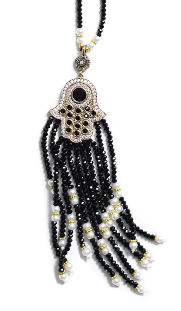 Turkish Artisan Small Jeweled Khamsa Tassel Necklace - Black