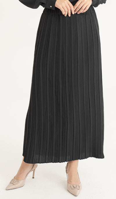 Valia Pleated Long Maxi Skirt - Black