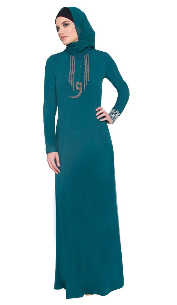 Wow Long Sleeve Modest Muslim Formal Abaya Dress - Teal Green - ARTIZARA.COM