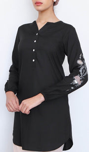 Zafira Embroidered Mostly Cotton Modest Tunic - Black