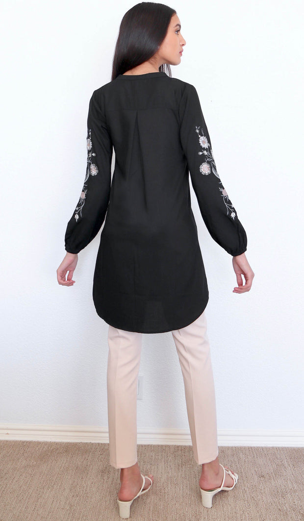 Zafira Embroidered Mostly Cotton Modest Tunic - Black
