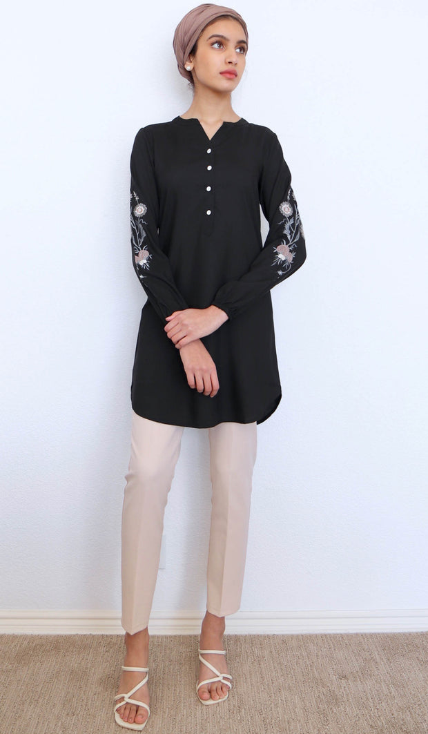 Zafira Embroidered Mostly Cotton Modest Tunic - Black