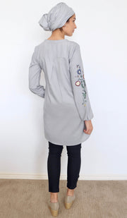 Zafira Embroidered Mostly Cotton Modest Tunic - Pewter