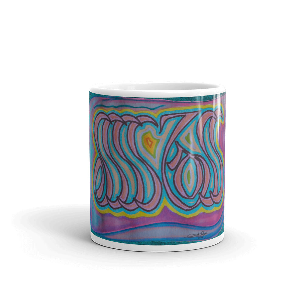 Alhamdulillah (Thankfulness) Arabic Calligraphy Mug on a flat surface. 