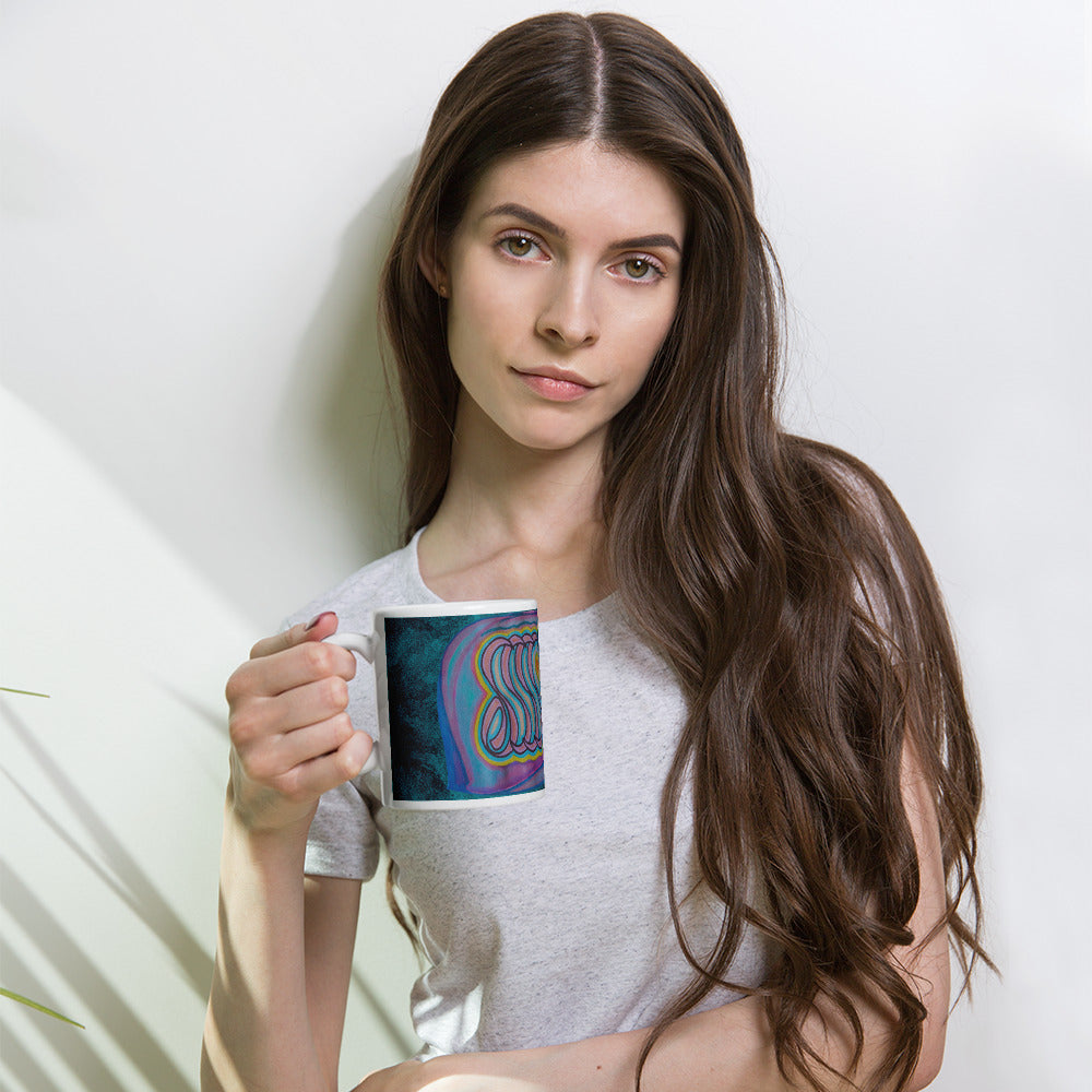 Woman holding Alhamdulillah (Thankfulness) Arabic Calligraphy Mug.