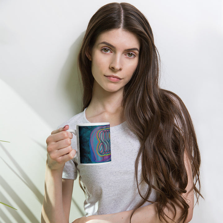 Woman holding Alhamdulillah (Thankfulness) Arabic Calligraphy Mug.