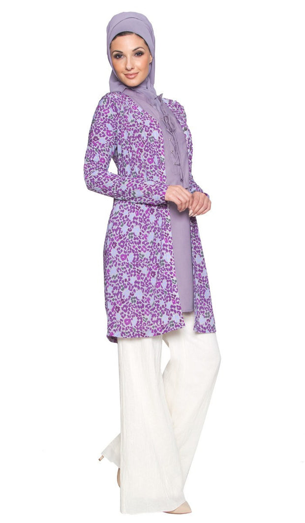 Adair Light Longline Modest Stretch Cardigan Jacket - Purple - ARTIZARA.COM