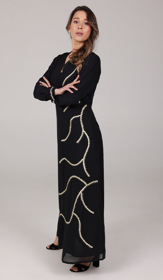 Anjum Modest Long Formal Embroidered Maxi Dress - Black