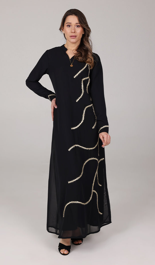 Anjum Modest Long Formal Embroidered Maxi Dress - Black