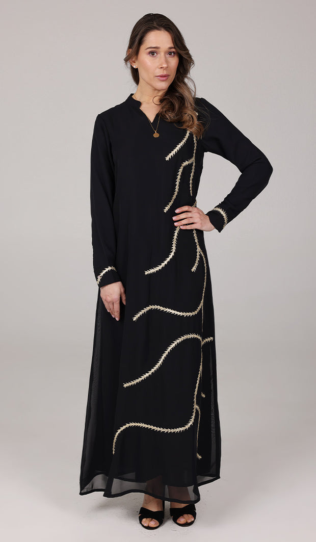 Anjum Modest Long Formal Embroidered Maxi Dress - Black