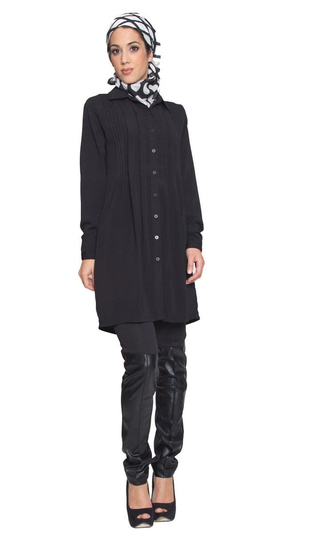 Aubrie Long Buttondown Modest Tunic Dress - Black - ARTIZARA.COM