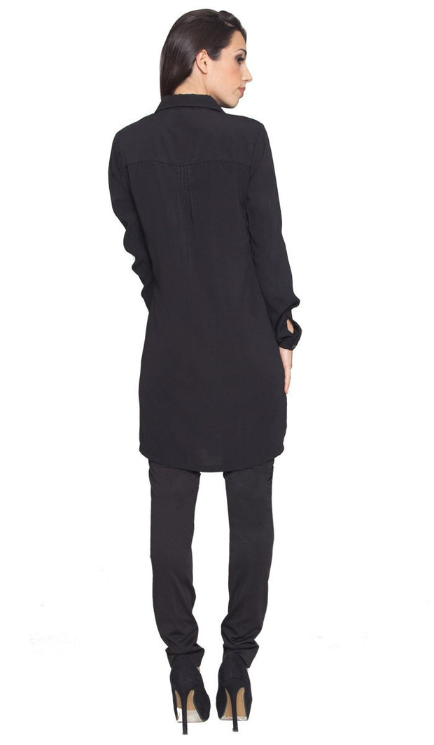 Aubrie Long Buttondown Modest Tunic Dress - Black - ARTIZARA.COM