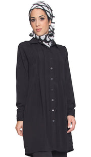Aubrie Long Buttondown Modest Tunic Dress - Black - ARTIZARA.COM
