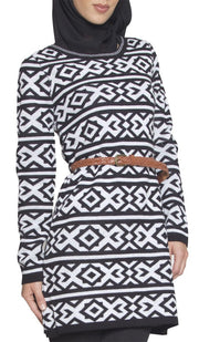 Long Knit Modest Muslim Tunic Dress - Black - ARTIZARA.COM