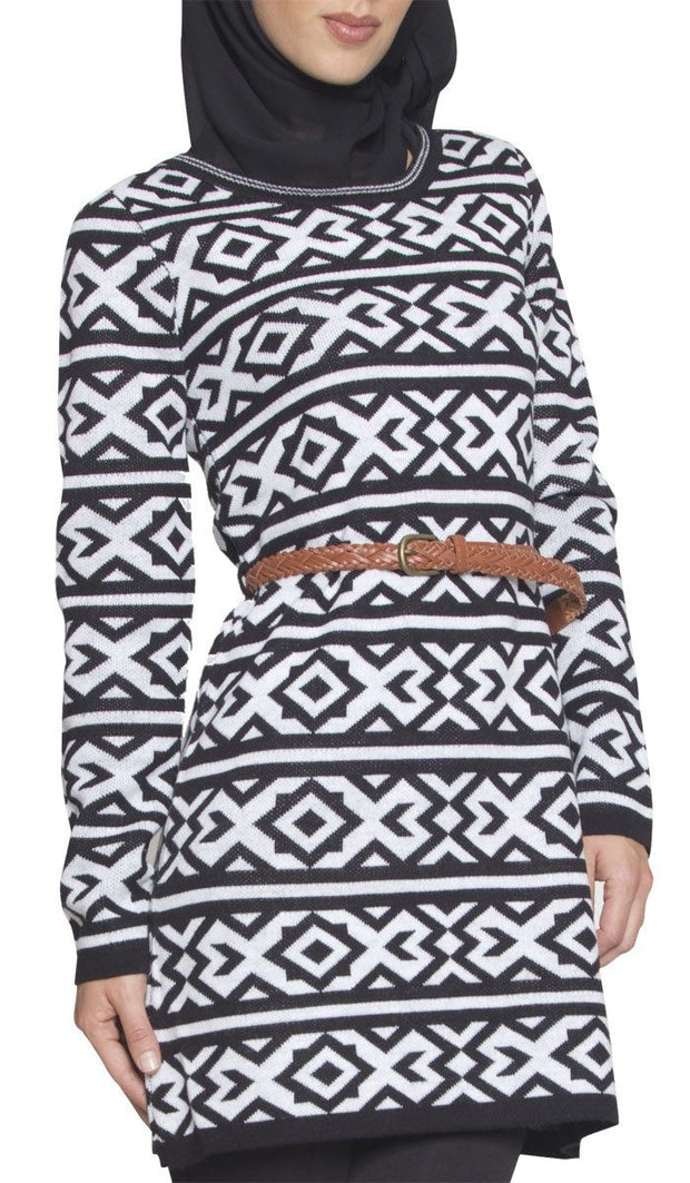 Long Knit Modest Muslim Tunic Dress - Black - ARTIZARA.COM