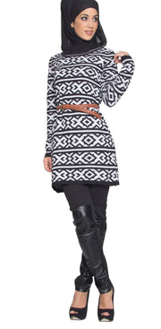 Long Knit Modest Muslim Tunic Dress - Black - ARTIZARA.COM