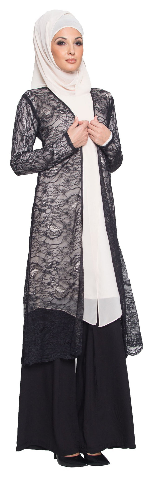 Lightweight Long Eyelash Lace Kimono Duster - Black - ARTIZARA.COM