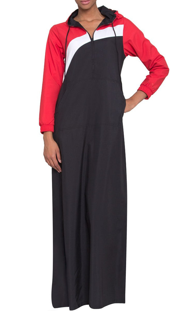 Celia Hooded Long Sport Maxi - Black/Red - ARTIZARA.COM