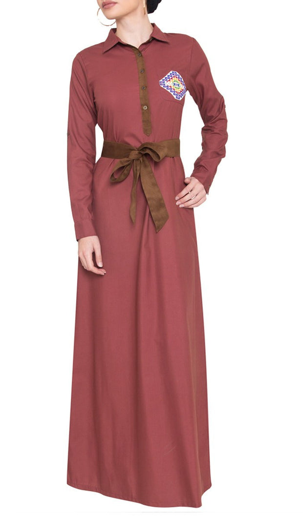 Imara Palestinian Embroidered Long Maxi Dress - Marsala - ARTIZARA.COM