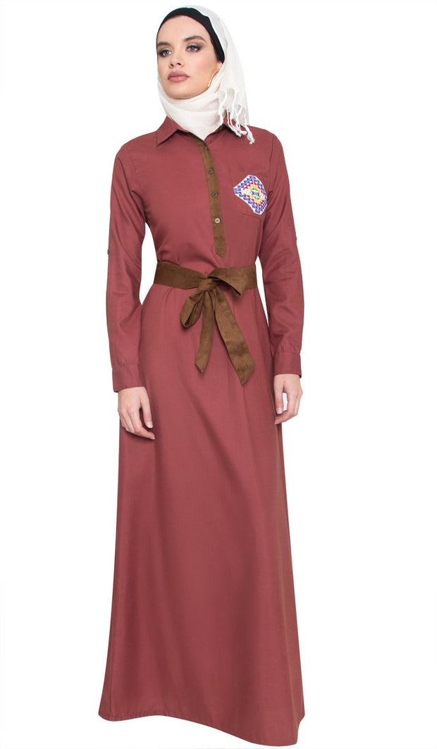 Imara Palestinian Embroidered Long Maxi Dress - Marsala - ARTIZARA.COM