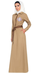 Imara Hand Embroidered Long Maxi Dress Abaya - Khaki - ARTIZARA.COM