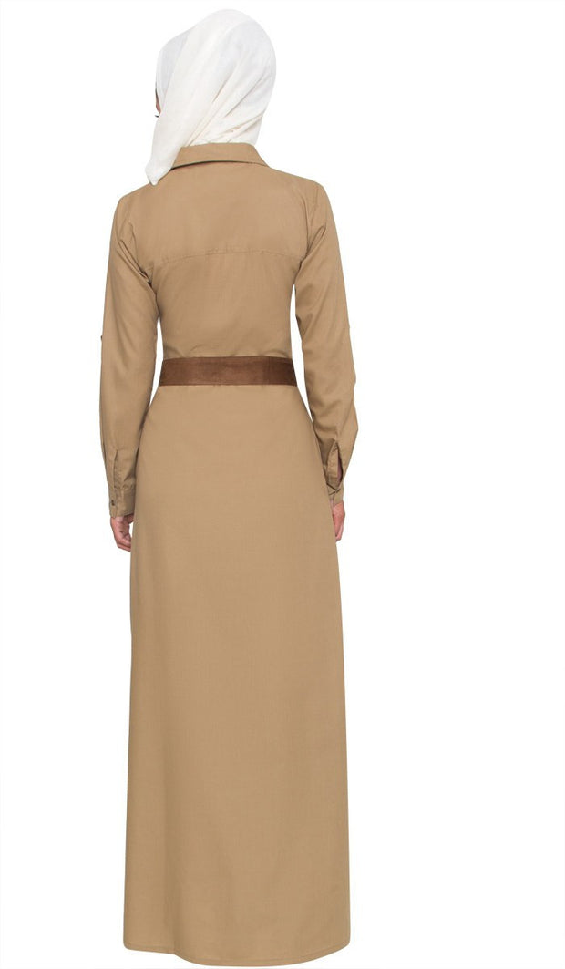 Imara Hand Embroidered Long Maxi Dress Abaya - Khaki - ARTIZARA.COM