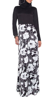 Talia Long Sleeve Modest Muslim Formal Evening Dress - Black and White - ARTIZARA.COM