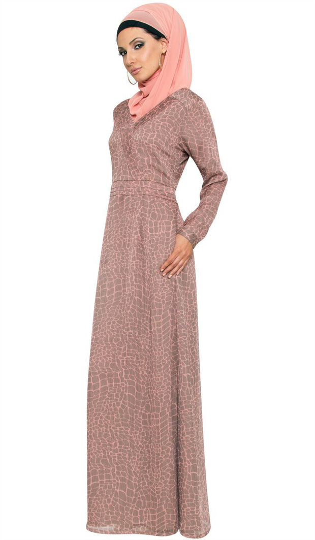 Kulus Abstract Print Chiffon Maxi Dress Abaya - Mocha - ARTIZARA.COM