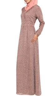 Kulus Abstract Print Chiffon Maxi Dress Abaya - Mocha - ARTIZARA.COM