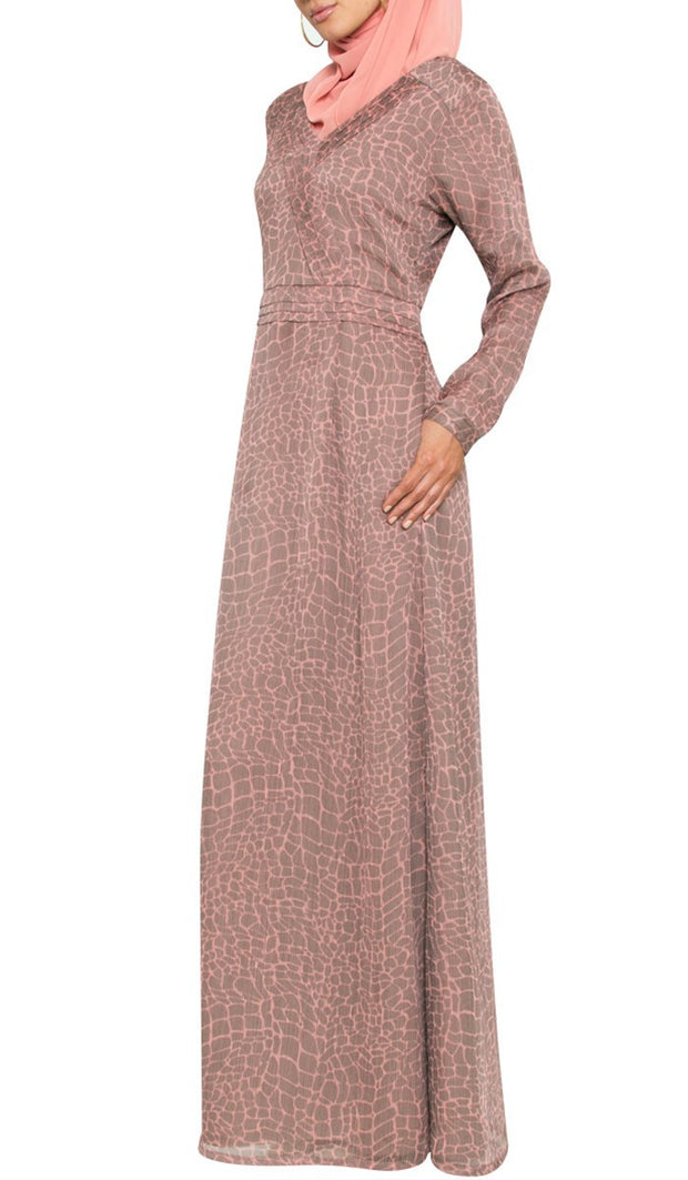 Kulus Abstract Print Chiffon Maxi Dress Abaya - Mocha - ARTIZARA.COM