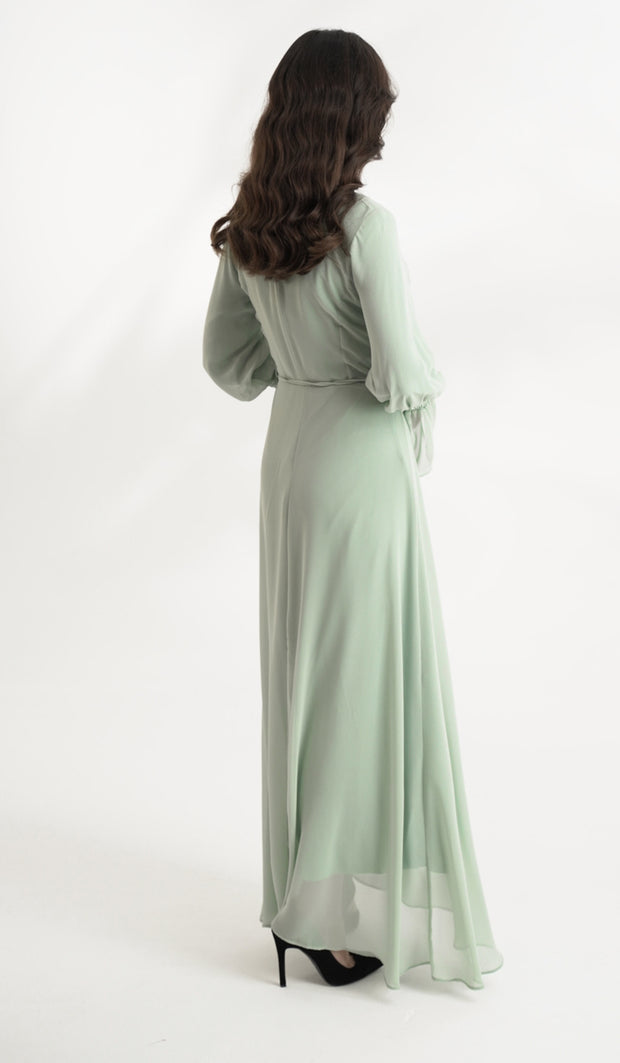 Merve Modest Long Chiffon Maxi Dress - Seafoam