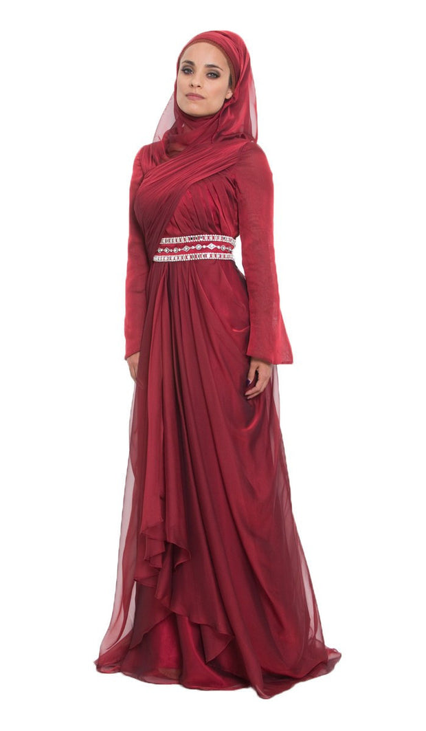 Michel Long Sleeve Modest Muslim Formal Evening Dress - Maroon Red - ARTIZARA.COM