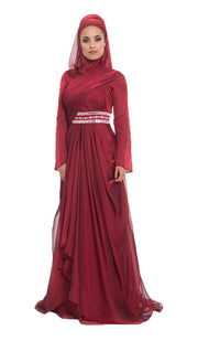 Michel Long Sleeve Modest Muslim Formal Evening Dress - Maroon Red - ARTIZARA.COM