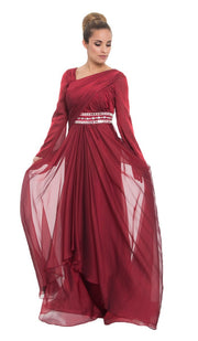 Michel Long Sleeve Modest Muslim Formal Evening Dress - Maroon Red - ARTIZARA.COM