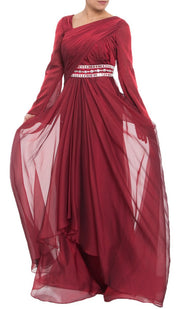 Michel Long Sleeve Modest Muslim Formal Evening Dress - Maroon Red - ARTIZARA.COM