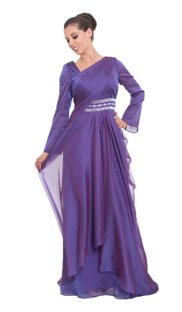 Purple Long Sleeve Silk Modest Muslim Formal Evening Dress