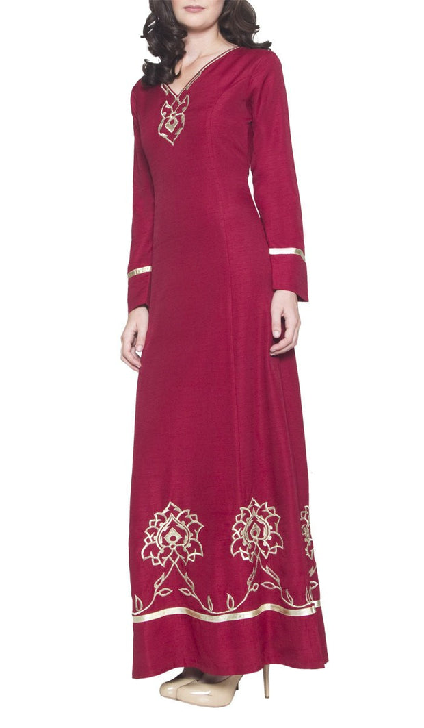 Noor Long Sleeve Modest Muslim Formal Evening Dress - Maroon Red - ARTIZARA.COM